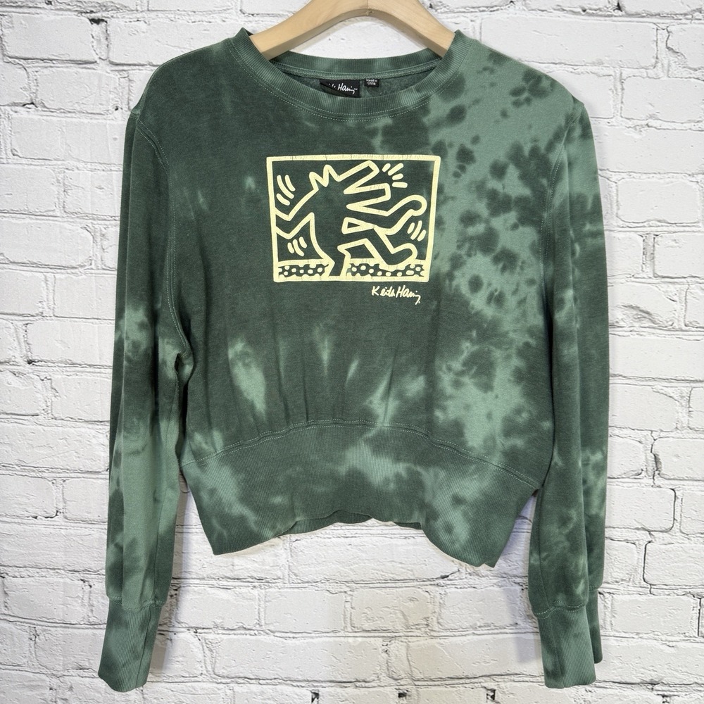 Keith‎ Haring Long Sleeve Crop Top Sweatshirt Size XXL Dancing Dog Green Tie Dye